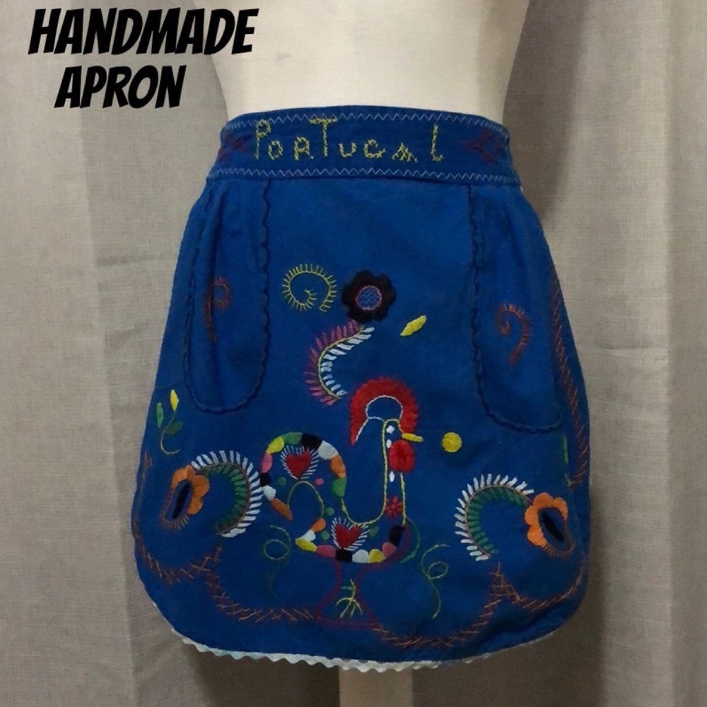 Handmade Apron-Portugal lettering Detail-Cotton-Blue-Waist Tie